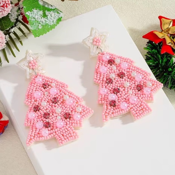Anthropologie Jewelry - Pink Sparkle Christmas Earrings – Tree Shape Beaded Design
